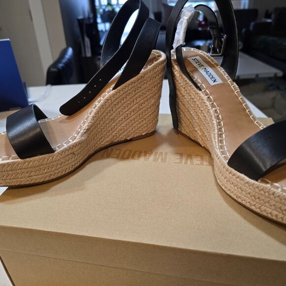 Steve Madden Upstage Black Leather Espedrille High Wedge Platform Sandal SIZE 7 - Picture 2 of 10